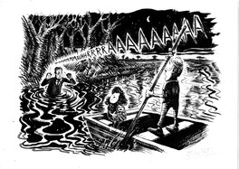 johann Guyot - La nuit du chasseur ,scène de la barque - Original Illustration