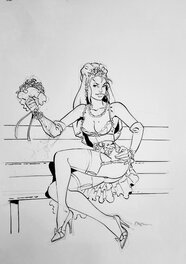 Félix Meynet - Mirabelle en robe de mariée sur un banc - Original Illustration