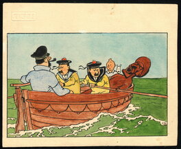Paul Cuvelier - Illustration Tintin avec les deux Dupont dans un barque - Illustration originale