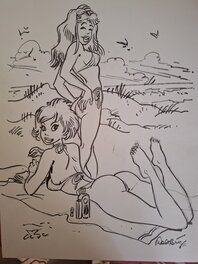 François Walthéry - Natacha à la plage avec une copine - Illustration originale