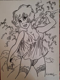 François Walthéry - Natacha s accroche à une branche - Illustration originale