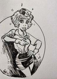 François Walthéry - François Walthéry, illustration originale, Natacha Hôtesse de l'air en uniforme Bardaf. - Original Illustration