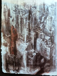 Luis Royo - Spectaculaire huile et encres sur toile "Cemento y oxydo" (New York) - Illustration originale