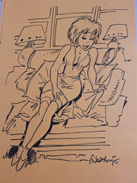 François Walthéry - Natacha fauteuil fond jaune - Illustration originale