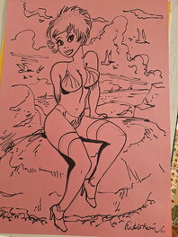 François Walthéry - Natacha sur fond rose - Illustration originale