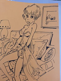 François Walthéry - Natacha sur son lit fond jaune - Illustration originale