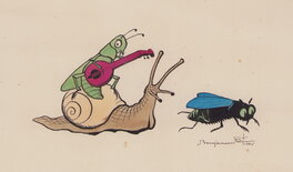 Benjamin Rabier - Une sauterelle, un escargot et une mouche - Original Illustration