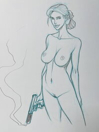 Nicolas Malfin - Amber nue….mais avec un flingue ! - Original Illustration