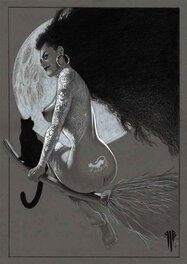 Philippe Bringel - La sorcière et son chat - Original Illustration