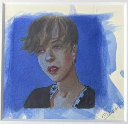 Jean-Pierre Gibrat - Portrait sur fond bleu d'Amélie - Mattéo troisième époque - Illustration originale