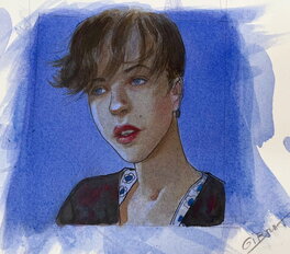 Jean-Pierre Gibrat - Portrait sur fond bleu d'Amélie - Mattéo troisième époque - Œuvre originale