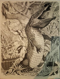 Philippe Bringel - Le combat du seigneur de la jungle face au crocodile - Original Illustration
