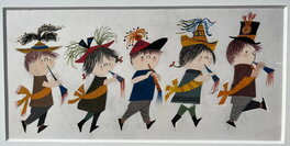 Fiep Westendorp - Feestende kinderen naar rechts lopend - Original Illustration