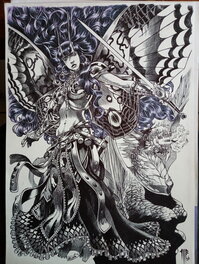 Philippe Bringel - La guerrière papillon et son dragon - Illustration originale