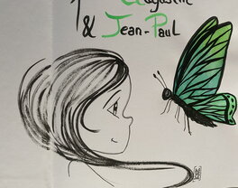 Ana Dess, illustration originale, la Petite Ana et un papillon, "Rencontres, Abécédaire des petites bêtes".