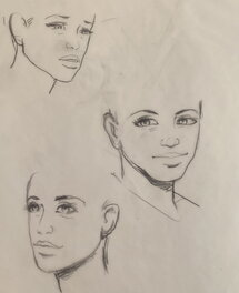 Stéphan Agosto, croquis préparatoire, divers portraits d'une des héroines de l'album "Les Buveuses de Thé".