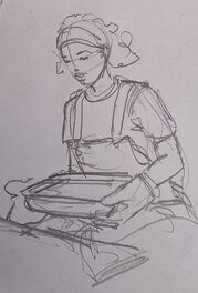 Stéphan Agosto - Stéphan Agosto, croquis préparatoire, crayonné de case, Jeanne prépare le repas, "Les Buveuses de Thé". - Original art