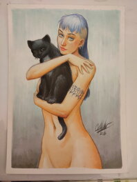 Atlio Gambedotti - A girl and her black cat - Illustration originale