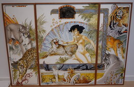 Fred Frank - Triptyque au félins. - Original Illustration