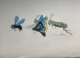 Benjamin Rabier - Composition papillon et grillons - Planche originale