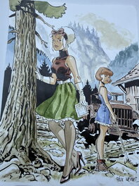 Félix Meynet - Mirabelle et son amie à la montagne - Illustration originale