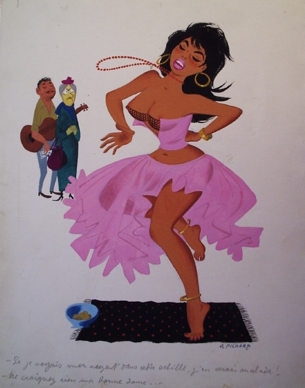 « - Si je voyais mon argent tomber dans cette sébille, j'en serais malade ! - Ne craignez rien, ma bonne dame... », 1955. by Georges Pichard - Illustration