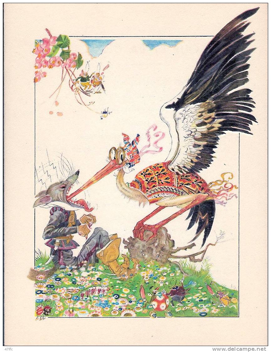 Felix Lorioux, Le loup et la cigogne Fable de LA FONTAINE Illustration originale