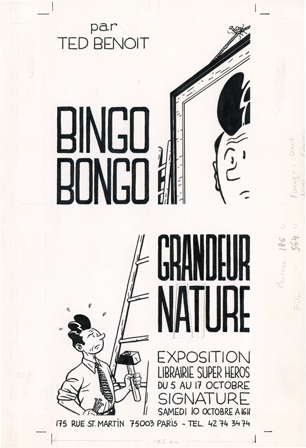 En vente - Bingo Bongo carton exposition Grandeur Nature Librairie Super Héros 1987 par Ted Benoit - Illustration