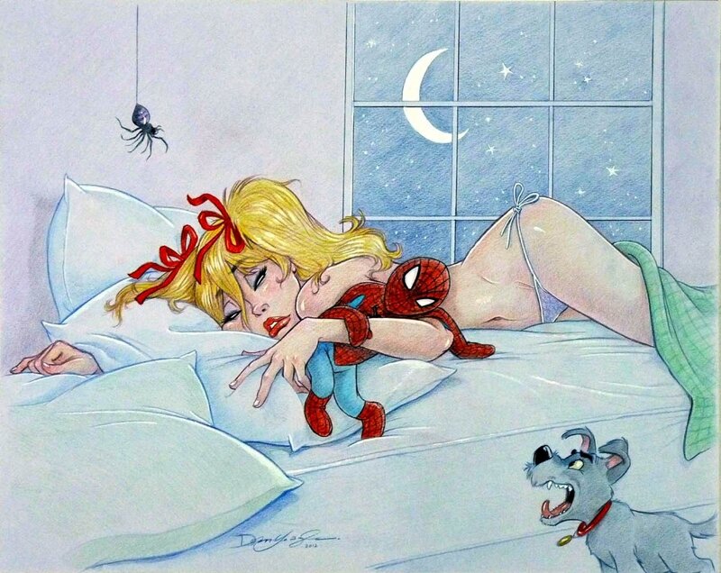 Dean YEAGLE - Mandy endormie avec un Skoots bien jaloux - Original Illustration