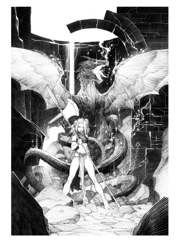 En vente - Alberto Varanda, Dragonnière à la hache - Illustration originale