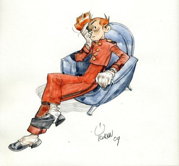 Aquarelle Spirou dans le sofa par Yoann - Illustration originale