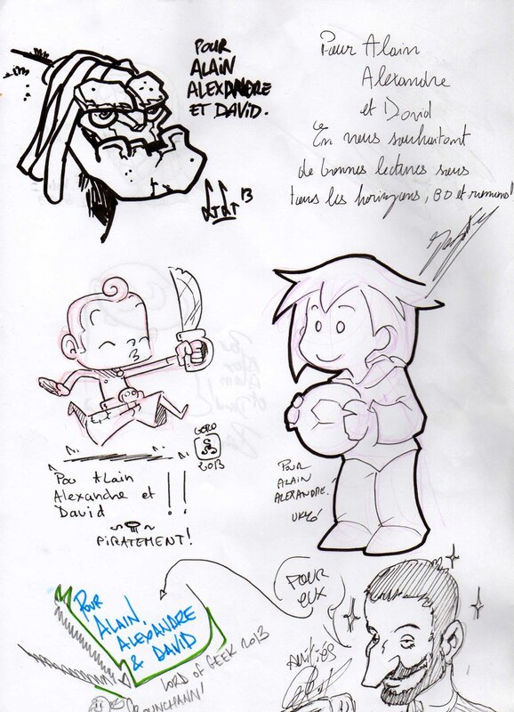 Laurent Libessart, Gobi, Gorobei, Ukyo, Crouchann, Multi dédicaces sur feuille, recto: Libessart, Gorobei, Ukyo, Crouchann et Gobi - Sketch