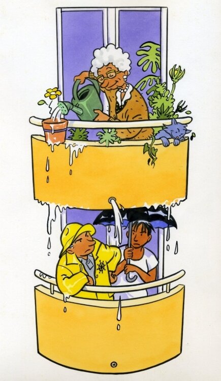 Luc Cornillon, Mame Eugénie sur son balcon - Illustration originale