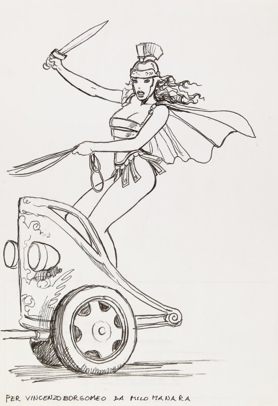 Manara - femme conduisant char - Illustration originale