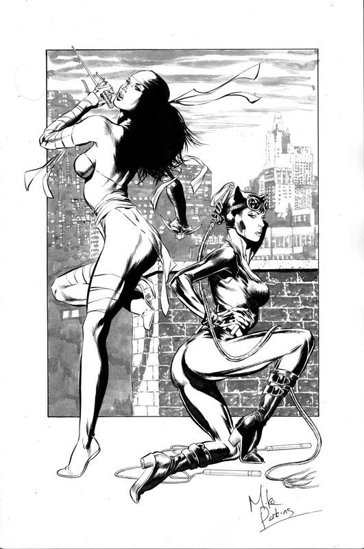 Catwoman et Elektra par Perkins - Illustration originale
