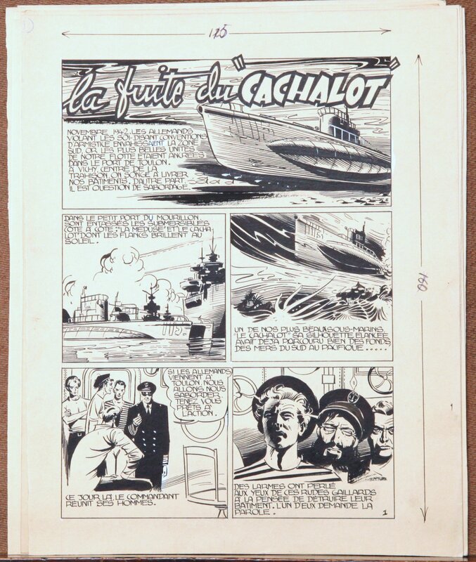 Pierre Le Guen, La fuite du cachalot - camera 34 numero 4 de juin  1949 - Planche originale