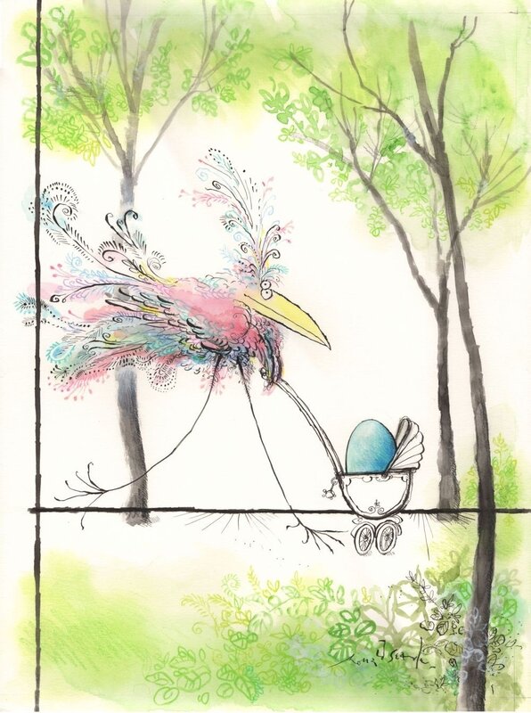 Walking the egg par Ronald Searle - Illustration originale