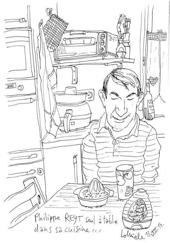 Philippe reyt seul à table dans sa cuisine by Laurent Lolmède - Illustration
