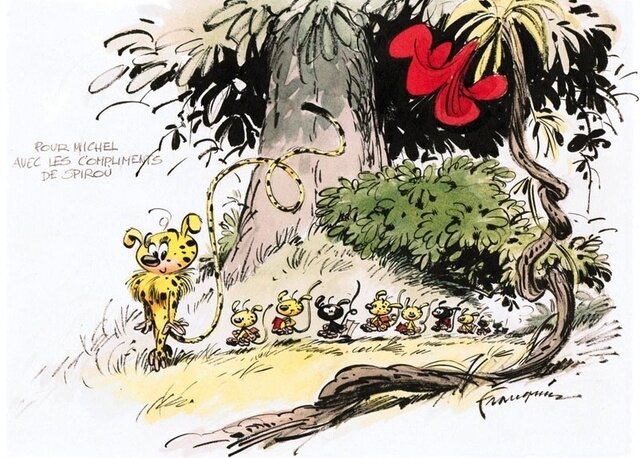 André Franquin, Famille Marsupilami en route pour l'école - Illustration originale