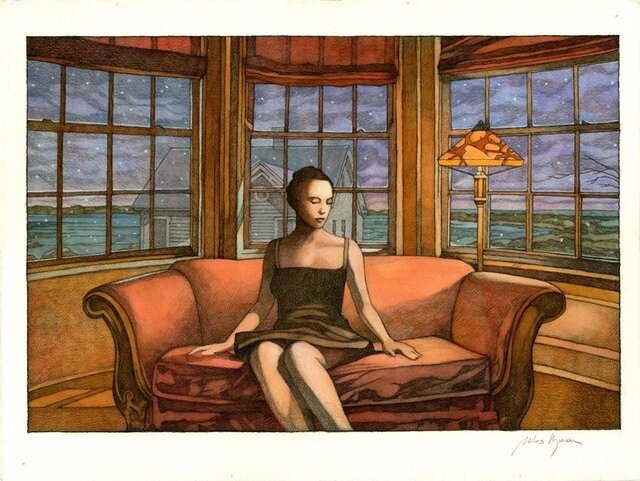 Femme à la fenêtre par Miles Hyman - Illustration originale