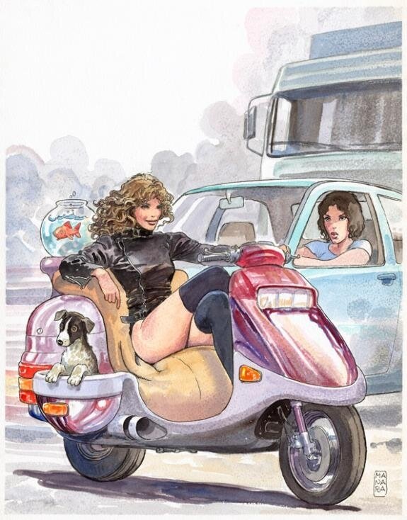 Fille en scooter par Milo Manara - Illustration originale
