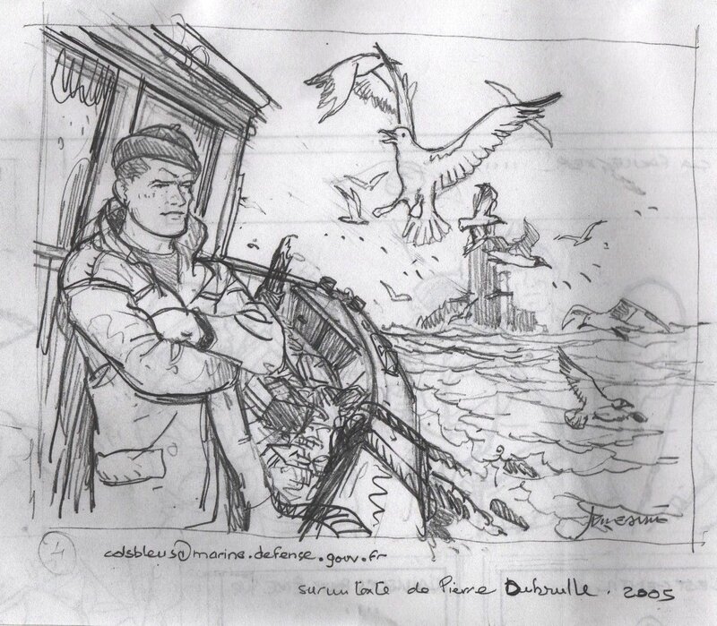 Patrick Jusseaume, Crayonné préparatoire pour l'illustration du récit Un marin immobile publié dans le numéro 2769 de la revue Cols Bleus - Original art