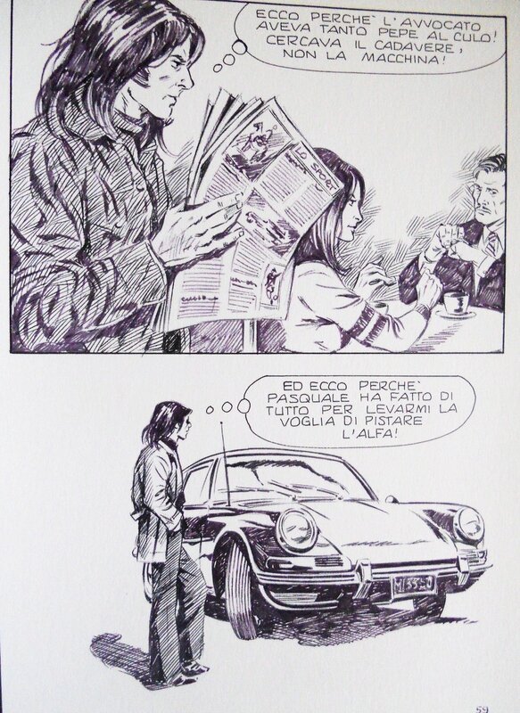 Alberto Del Mestre, L'homme à la porsche, planche 59 - revue non identifiée, Edifumetto, années 1970 - Planche originale