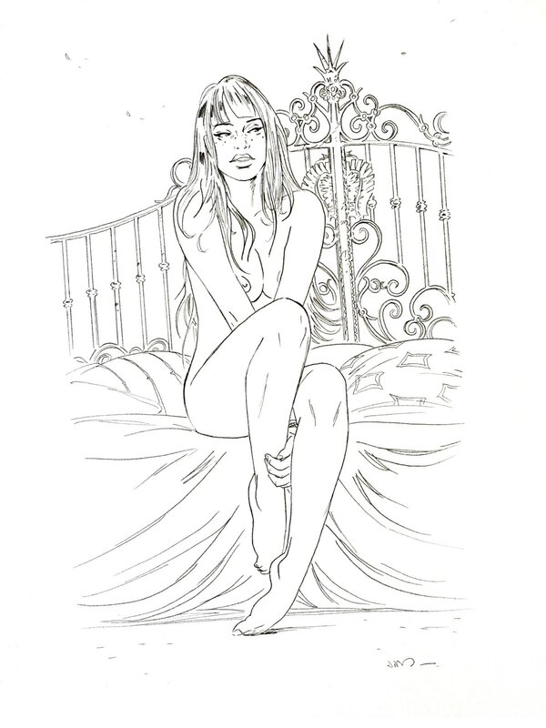 Jim, Marie assise sur un lit - Original Illustration