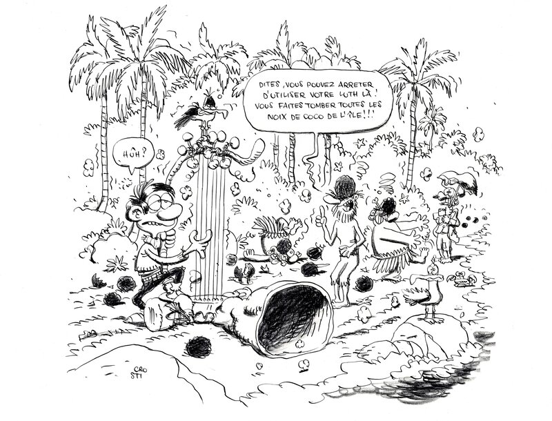 Luc Cromheecke, Het Godvrrgeten Eiland + Guust Flater - L'île carrément perdue + Gaston Lagaffe - Illustration originale