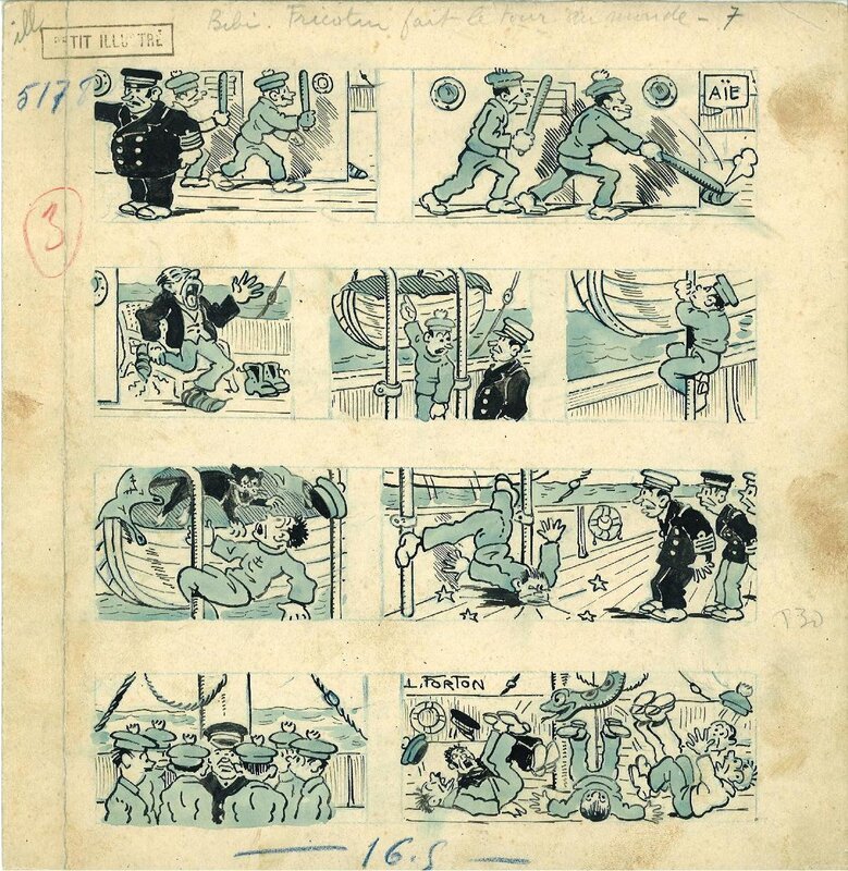 Louis Forton, Bibi Fricotin 1930 - planche7 de fait le tour du Monde - prépublié Petit Illustré - Planche originale