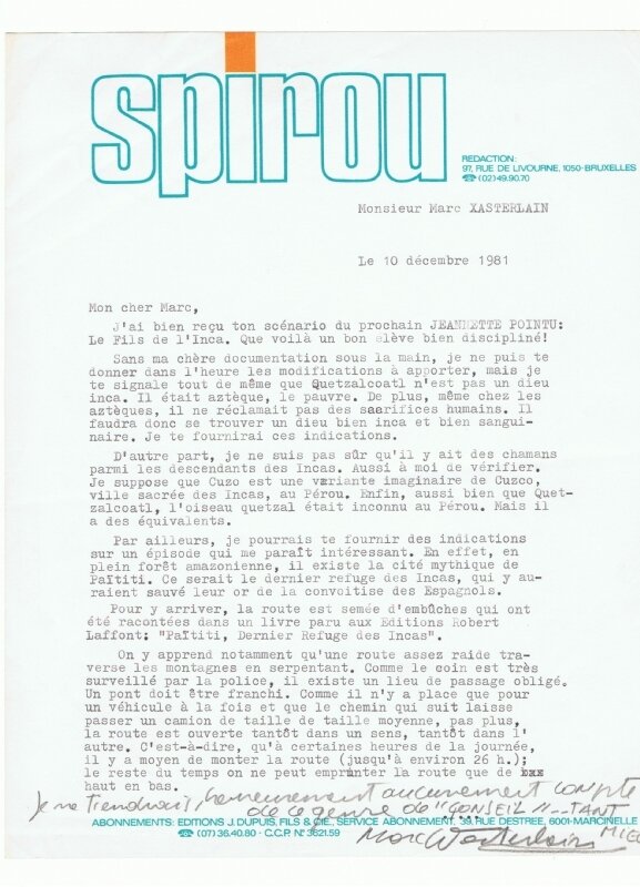 Thierry Martens, Marc Wasterlain, 34 / Année 1981 / Courrier de Thierry Martens, Rédacteur en Chef du « Journal de SPIROU », à destination de Marc Wasterlain. - Œuvre originale