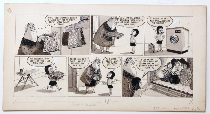 John Ryan, Lettice Leaf - Princess  1er mai 1955 - les habits de la belle font une scène... - Planche originale