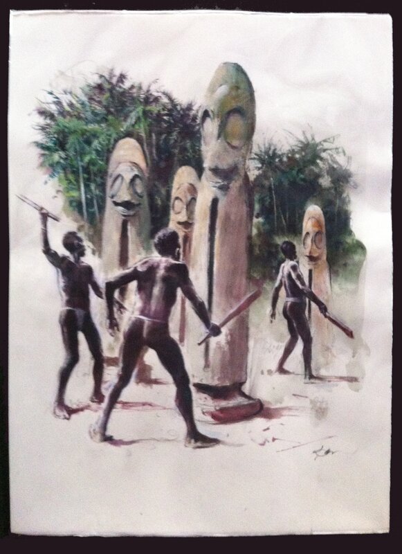 René Follet, Tambours à fente du Vanatu (île d'Ambryn) - Original Illustration