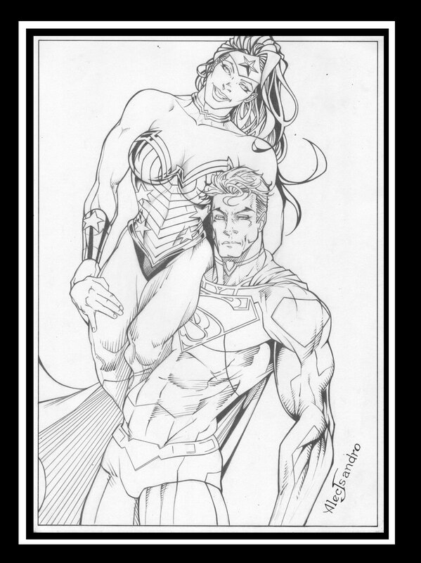 Dessin Original encré SUPERMAN et WONDER WOMAN par Alecsandro - Planche originale